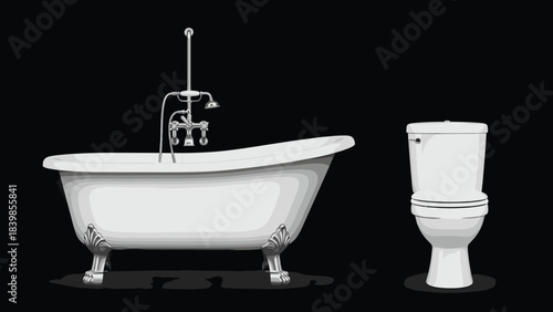 Cartoon-style bathroom fixture set featuring clawfoot bathtub and modern toilet for interior design, renovation, or plumbing visuals