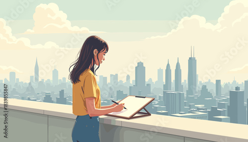 Young woman sketching cityscape from rooftop with skyline view  