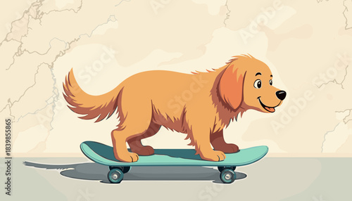 Golden retriever dog riding skateboard on pavement with a smile  
