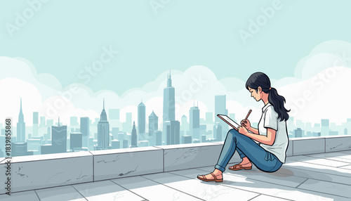 Woman sketching cityscape while sitting on rooftop with skyline view  