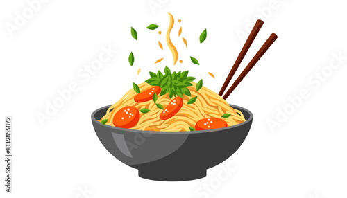 Bowl of fried noodles with vegetables and chopsticks 
