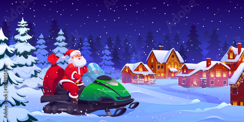Santa Claus on snowmobile with gifts sack at winter Christmas holiday town or village. Vector Xmas greeting card with cartoon Santa character riding snowmobile to delivery Christmas gifts and presents