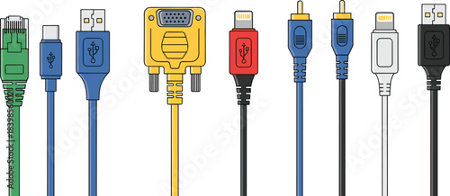 Cartoon-style cable connector illustration set featuring USB, VGA, RCA, Ethernet, and Lightning types for tech or electronics design use