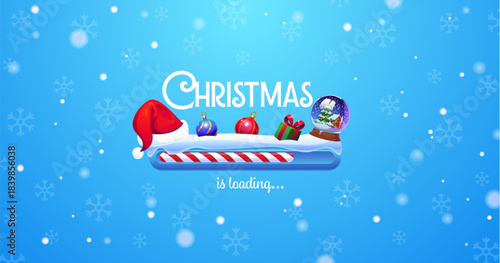 Christmas holiday countdown loading bar with candy cane slider, gifts Santa hat, crystal globe on snow and lettering. Vector Xmas load countdown indication on blue snowy background with snowflakes