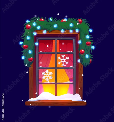 Christmas winter house window with snow and Xmas wreath decoration, cartoon vector. Festive winter holiday home exterior of window frame decorated with seasonal ornaments, Xmas lights and snowflakes