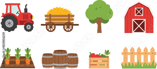 Cartoon-style farm elements set featuring tractor, barn, vegetables, barrels, fence, and tree for agricultural-themed design projects