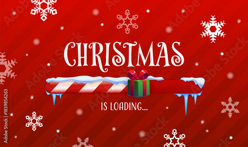 Christmas holiday countdown loading bar of candy cane for winter start, vector banner. Christmas loading bar of candy stripes with snowcaps and icicles or Santa gifts and snowflakes for countdown