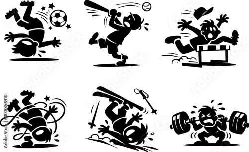 Funny People Having Accidents While Playing Sports Silhouette Set