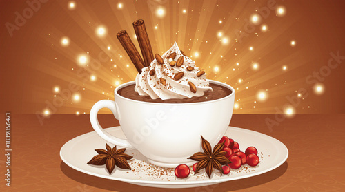 Cozy hot chocolate with whipped cream and cinnamon sticks