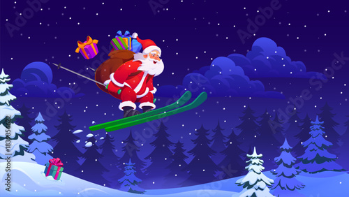 Santa Claus flying on ski with Christmas gift bag at Xmas winter holiday night forest vector background. Cartoon happy Santa skier character jumping off snow hill on ski with Christmas gift boxes