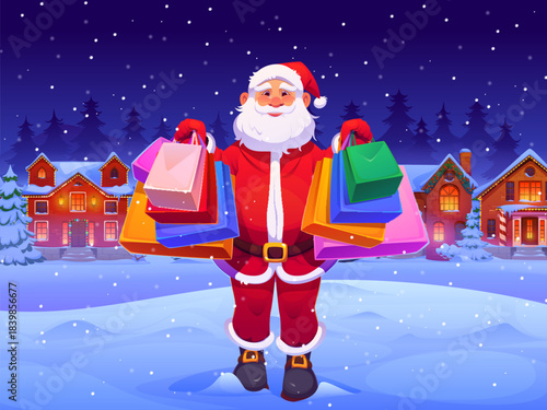 Cartoon Santa Claus character with shopping bags, Christmas sale season. Happy Santa vector personage standing on snowy street of Xmas winter holiday town with color paper shopping bags in his hands