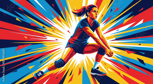 Dynamic Colorful Volleyball Player Action Vector Illustration
