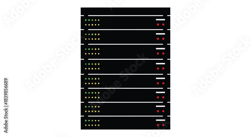 A detailed view of a server rack with numerous indicator lights highlighting operational status silhouette