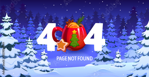 Christmas 404 page not found error with winter forest for holiday, vector greeting card. Merry Christmas 404 page not found error background with red mulled wine mug cup and gingerbread cookie