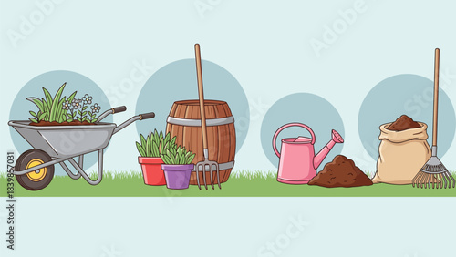 Cartoon-style gardening tools and supplies set featuring wheelbarrow, plants, watering can, soil sack, and garden rake