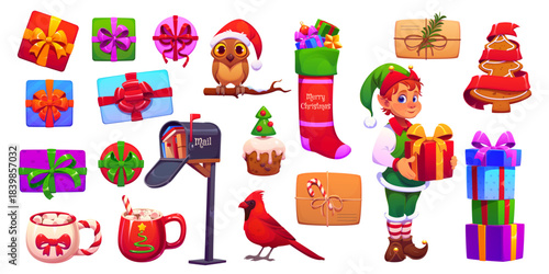 Christmas decorations, top view gifts, elf with present box and funny owl, vector cartoon icons. Christmas sweets, mailbox, holiday sock, cardinal bird and Xmas greetings or cookies for winter holiday