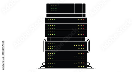 A stack of server racks with blinking lights depicted as a dark silhouette
