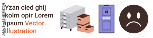 Organization, security, emotions, office storage, privacy, communication. File cabinets, boxes locked door sad face. Organization and security concept with office storage