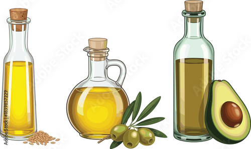 Cartoon-style healthy oil set featuring flaxseed, olive, and avocado oils with natural sources for culinary or nutritional use