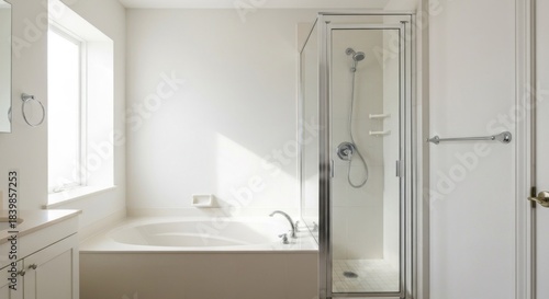 Wallpaper Mural Bright, modern bathroom with a soaking tub and glass shower enclosure. Sunlight streams in through a window Torontodigital.ca