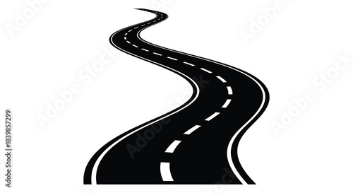 A winding road stretches into the distance depicted as a stark black silhouette