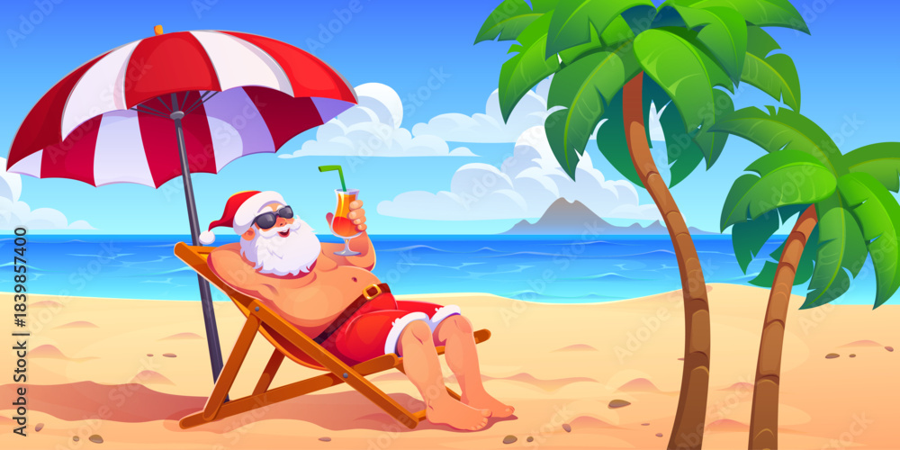 Obraz premium Santa Claus sunbathing on tropical beach, vector Christmas winter holiday greeting card. Cartoon Santa character relaxing on tropical island beach with chair and umbrella, cocktail and funny swim suit