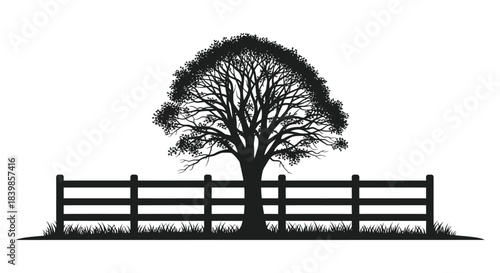 A stark black tree and wooden fence against a white background a beautiful silhouette