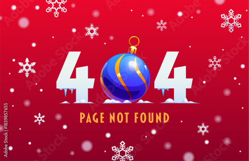Merry Christmas 404 page not found error with winter holiday bauble, vector greeting card. Christmas 404 page not found error background with Xmas decoration, snow and snowflakes pattern with icicles