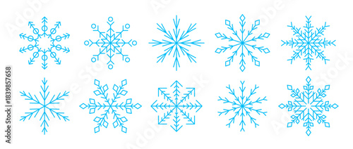 Blue linear snowflakes set. Simple snow flake icon collection for Christmas and Happy New Year decor, winter holiday decoration, greeting card design elements. Vector illustration bundle