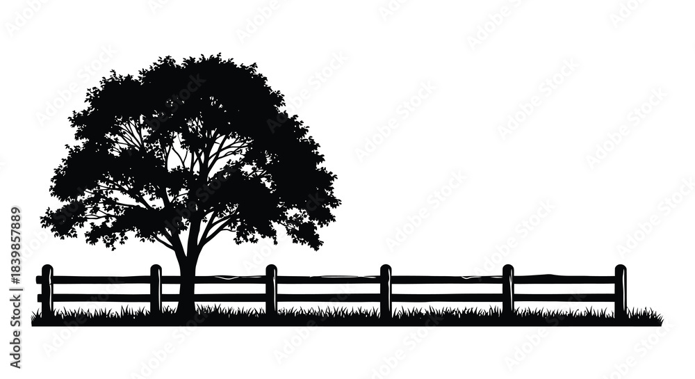 Obraz premium A peaceful landscape featuring a tree and a wooden fence in stark silhouette