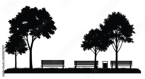 A peaceful park scene with trees benches and a trash can in stark silhouette