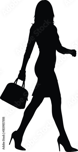 Silhouette of a stylish businesswoman walking confidently while carrying a handbag and wearing high heels on a white background