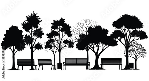 A peaceful park scene with benches under trees presented as a striking black silhouette