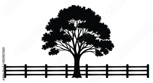 A striking black tree form stands against a white background with a wooden fence silhouette