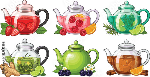 Cartoon-style herbal and fruit tea illustration set featuring teapots with ingredients like berries, citrus, ginger, and herbs
