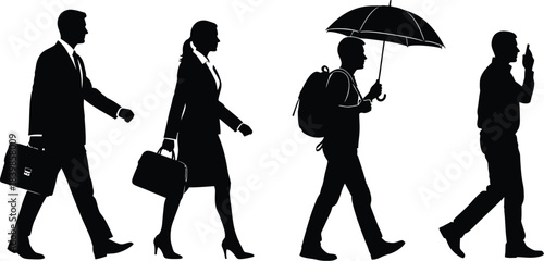 Silhouettes of diverse people walking including business professionals and a commuter with an umbrella against a white background