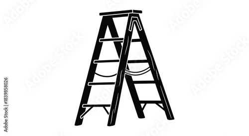 A stark black ladder stands prominently against a white background a striking silhouette