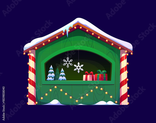 Christmas market shop and winter holiday street bazaar store kiosk or booth, cartoon vector. Christmas market stand booth decorated with Christmas lights string, Santa gifts and snowflake decorations