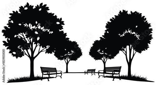A peaceful park scene featuring trees benches and a striking black silhouette