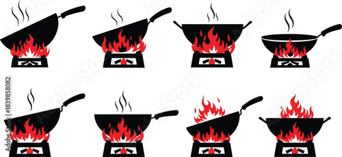 Fiery woks collection with rising steam a versatile cooking icon on transparent background silhouette