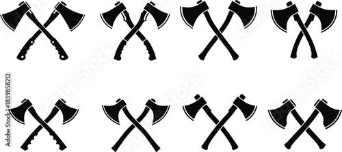 Collection of crossed axes in black silhouette on transparent background
