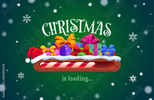 Christmas holiday countdown loading bar with glowing progress line and festive gift elements. Vector loading bar features shiny candy cane design with Santa hat and Christmas presents
