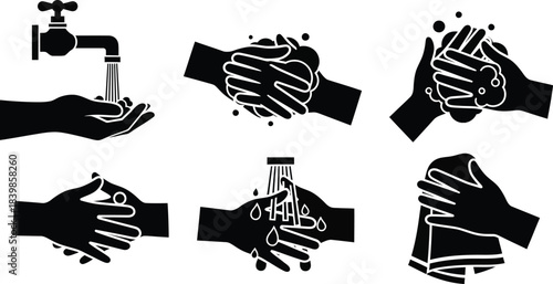 Handwashing steps illustration with water tap and soap ideal for hygiene on transparent background silhouette