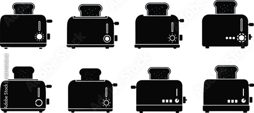 Black silhouette toaster icons in various styles on transparent background