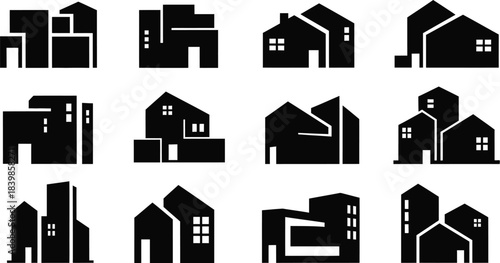 Collection of various house icons and building shapes on transparent background silhouette