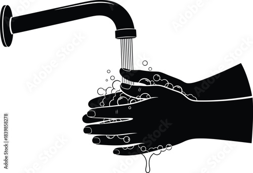 Hands washing under a faucet hygiene illustration on transparent background silhouette