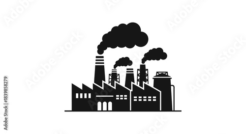 An industrial complex with smokestacks emitting pollution represented as a stark black silhouette