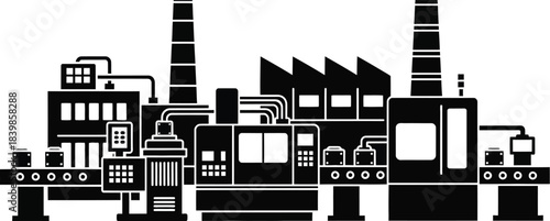 Industrial factory complex with smokestacks and buildings on transparent background silhouette