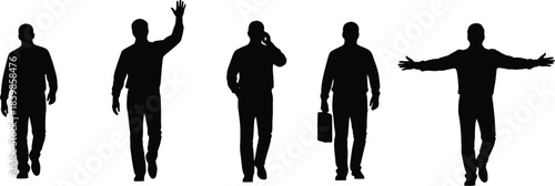 Collection of five black male business person silhouettes showing various walking gestures against a white background