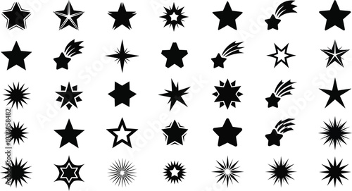 Collection of various black star shapes and sparkles on transparent background silhouette